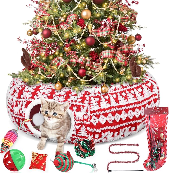 Dansydaisy Cat Tunnel Christmas Tree Skirt, Snowflake Deer Cat Tunnel Bed with Toys, Hanging Ball Plush Washable Cushion and Dangling Balls 3FT Peekaboo Playground for Small Medium Rabbit Xmas Decor