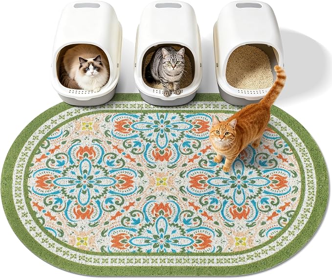 Cat Litter Mat,40"x30" High Density PVC Litter Trapping Mat, Non-Slip, Waterproof & Urine-Proof Litters Catcher Mats, Keep Floor Clean, Soft on Kitten Paws, Cat Essentials Bean Green