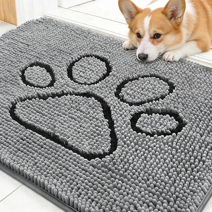 OLANLY Dog Door Mat for Muddy Paws 30x20, Paw Print Design Chenille Mud Mat | Grey, Super Absorbent, Traps Moisture and Dirt, Non-Slip Washable Doormat, Quick-Drying Indoor Entryway Floor Carpet for Dogs