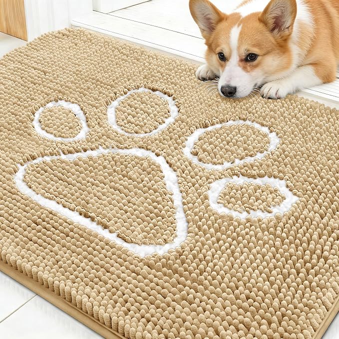 OLANLY Dog Door Mat for Muddy Paws 30x20, Paw Print Design Chenille Mud Mat | Beige, Absorbent, Traps Moisture and Dirt, Non-Slip Washable Doormat, Quick-Drying Indoor Entryway Floor Carpet for Dogs