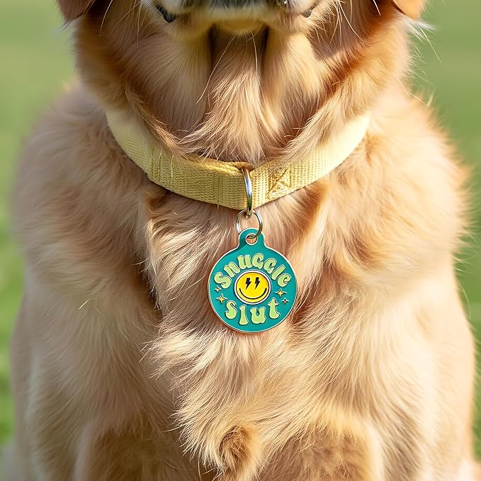 Bad Tags Personalized Dog and Cat ID Tags in 25+ Designs and 2 Sizes - 5 Lines of Custom Engraved Text - Funny Cute Personalized Pet Tags (Snuggle Sl*t - Green, Large (1.25 inch))