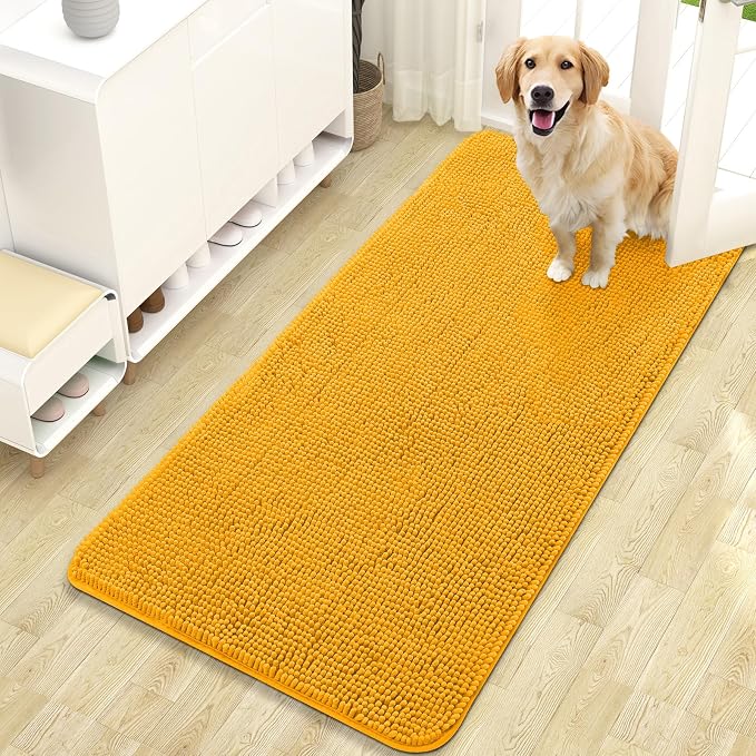 OLANLY Dog Door Mat for Muddy Paws 47x24, Super Absorbent Chenille Mud Mat | Golden Yellow, Absorbs Moisture and Dirt, Non-Slip Machine Washable Doormat, Quick-Dry Indoor Entryway Floor Carpet for Dogs
