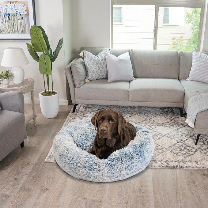Best Friends by Sheri The Original Calming Donut Dog Bed for Large Dogs up to 100 lbs, Shag Faux Fur, Denim Blue, 36" x 36"