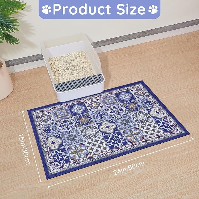 24"x15" Cat Litter Mat Waterproof Non-Slip Litter Trapping Pad | Soft Mesh Litter Box Mat With A Decorative Pattern Captures Scatter Effectively To Keep Floors Clean And Tidy