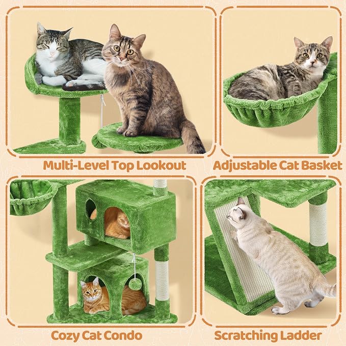 Topeakmart 57in Cat Tree Tower with Scratching Posts for Multiple Cats | Easy to assemble, a great first cat tree with perches, hammock and anti-tip strap, ideal for small to medium cats, green