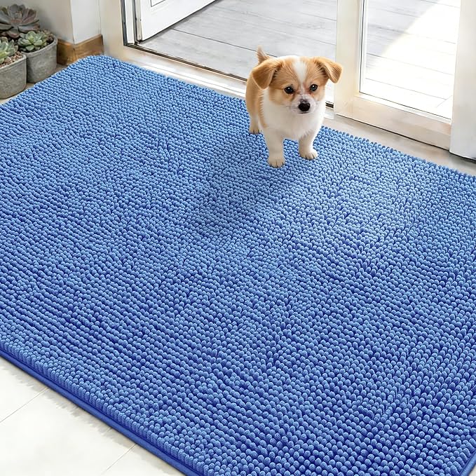 OLANLY Dog Door Mat for Muddy Paws 50x30, Super Absorbent Chenille Mud Mat | Cornflower Blue, Absorbs Moisture and Dirt, Non-Slip Machine Washable Doormat, Quick-Drying Indoor Entryway Carpet for Dogs