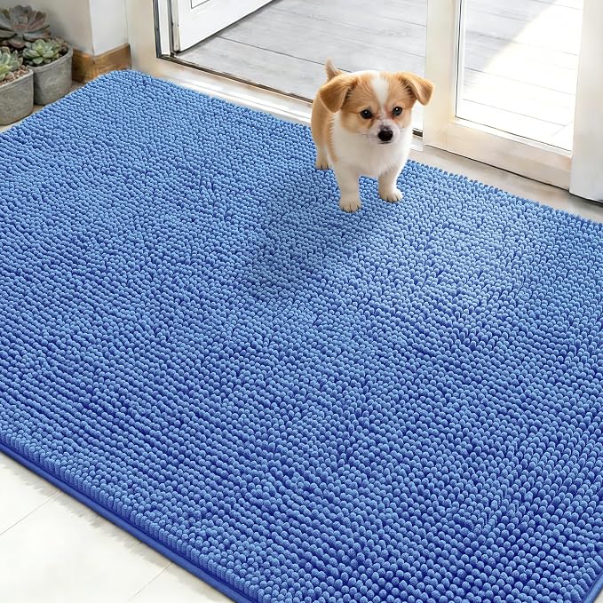 OLANLY Dog Door Mat for Muddy Paws 48x30, Super Absorbent Chenille Mud Mat | Cornflower Blue, Absorbs Moisture and Dirt, Non-Slip Machine Washable Doormat, Quick-Drying Indoor Entryway Carpet for Dogs