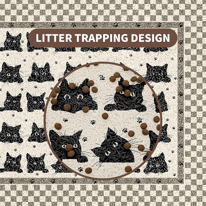Cat Litter Mat 24"x15" for Litter Box, Non-Slip Washable Floor Mat with Litter Trapping Design, Scatter Control for Cats and Kittens, Black Beige