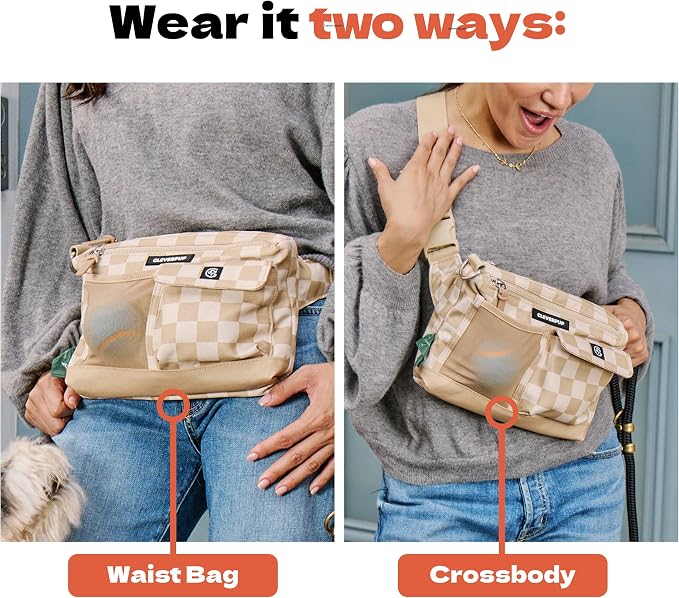 Walk & Train 2-in-1 Dog Walking Bag - Hands-Free Training Crossbody Sling & Fanny Pack with Treat Pouch, Poop Bag Holder, Phone Pockets - Adjustable Waist or Shoulder Strap - Checkerboard