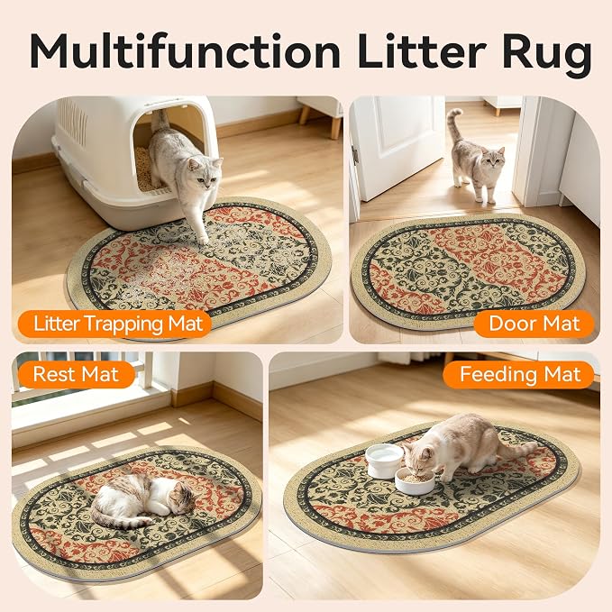 Cat Litter Mat, 33"x22" High Density PVC Litter Rug Trapping Mat, Non-Slip, Waterproof & Urine-Proof Litters Catcher Mats, Keep Floor Clean, Soft on Kitten Paws, Cat Essentials Brown-Green