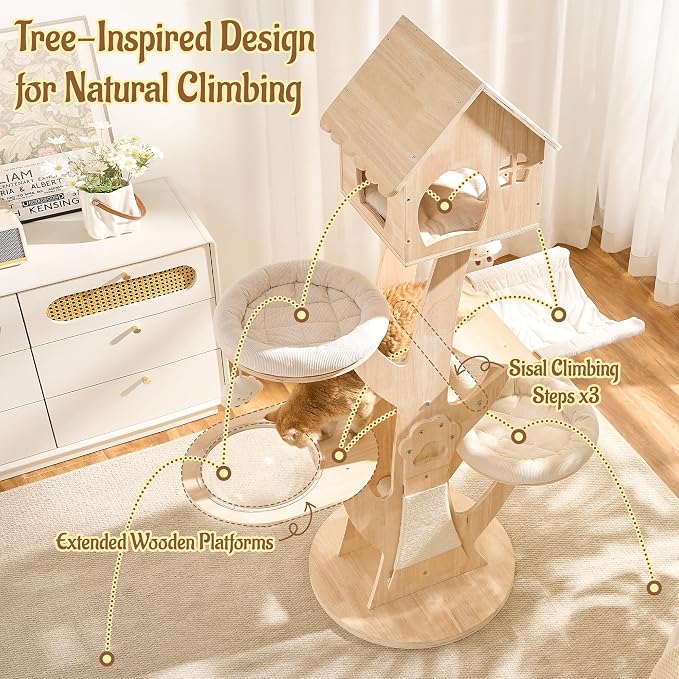 65" Modern Wood Cat Tree for Indoor Cats, Multi-level Cat Tower with Hidden Cat House, Cozy Beds, Hammock, Capsule perch, Spacious Scratching Board & Interactive Toys, Furniture-Style Cat Condo