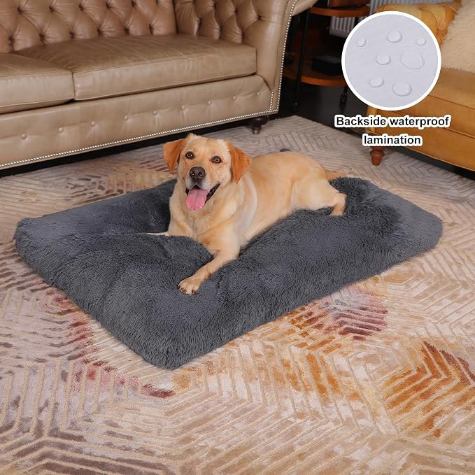 Bedfolks Waterproof Dog Crate Bed, Plush Dog Pad, 41"x27", Solid Dark Grey | Faux Fur Plush Cover, Zippered Removable Washable Outer, Waterproof Inner Lining, Non-Slip Base, Crate Pad and Dog Pillow