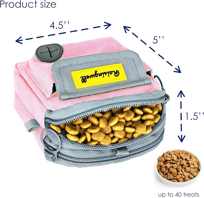 Raisingwell Dog Treat Pouch for Pet Walking and Training with Clicker Poop Bags and Three Bags Design Small Fanny Zipper Pack Holder for Puppy Snack Dispenser Kit for Leash and Outdoor Use (Pink)