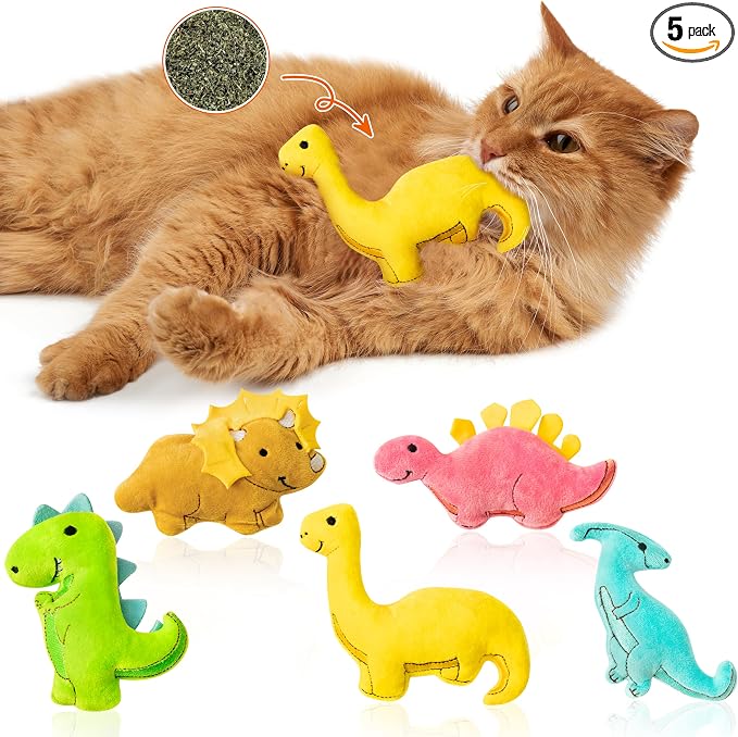 MALLMALL6 5Pcs Dinosaur Catnip Toys for Cat, Indoor Cat Chew Bite Kick Catmint Pet Supplies for Kitten Lover Gifts, Interactive Pet Toy with Cute Expression