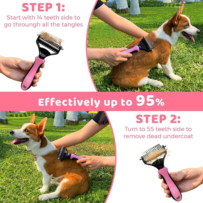 Grooming Brush for Dog/Cat with 2 Sided Grooming Brush for De-Shedding, De-Matting Reduces Shedding up to 95%, Great Short to Long Hair (Pink, Small)