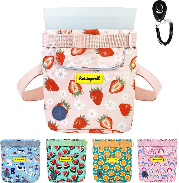 Raisingwell Dog Treat Pouch for Pet Walking and Training with Clicker 2 Cup Silicone Bag Small Fanny Pack Holder for Puppy Snack Dispenser Kit for Leash and Outdoor Use (Strawberry)