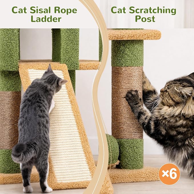 Globlazer Heavy Duty Cactus Cat Tree for Large Cats, Sturdy 72in Maine Coon Cat Tree for Large 20 lbs+ Cactus Cat Tower for Adult Biggest Cats with 6 Scratching Posts, Hammock, S72, Green