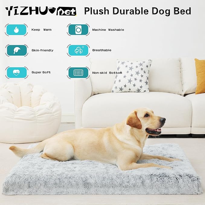 Orthopedic Long Plush Cover Dog Bed,Small M Sized Dog 30''X20''x3'' Soft Waterproof Egg Foam Pet Crate Beds Mat or Kennel Pads with Removable Washable Cover,Non-Slip Bottom,Light Grey