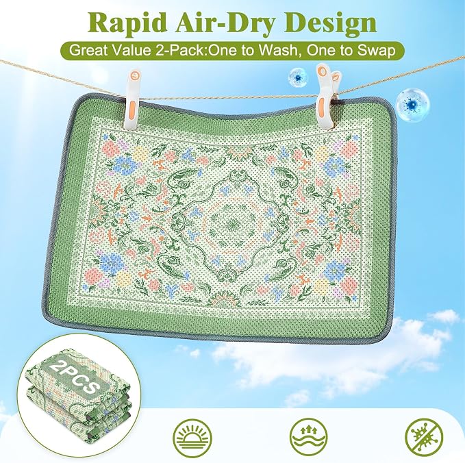 Unicorn Catcher 33X22in 2packCat Litter Mat Machine Washable Soft 3D Air Mesh Litter Box Rug Non-Slip Backing Quick Dry Scatter Control for Paws,Bean Green