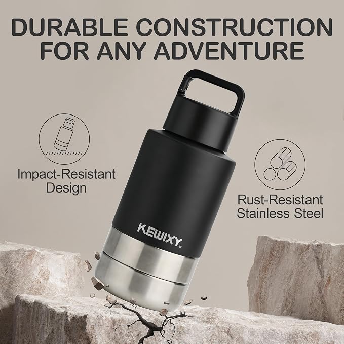 KEWIXY Insulated Dog Travel Water Bottle with Detachable Bowls, 3 in 1 Portable Dog Water Bottle Dispenser, Dog Accessories for Walking, Hiking, Camping, Outdoor (Black, 32 Oz)