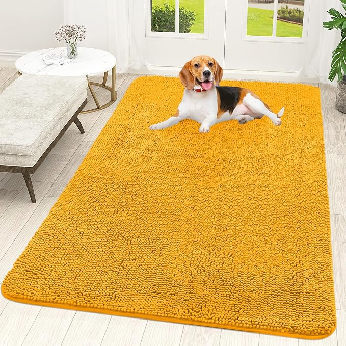 OLANLY Dog Door Mat for Muddy Paws 59x35, Super Absorbent Chenille Mud Mat | Golden Yellow, Absorbs Moisture and Dirt, Non-Slip Machine Washable Doormat, Quick-Dry Indoor Entryway Floor Carpet for Dogs