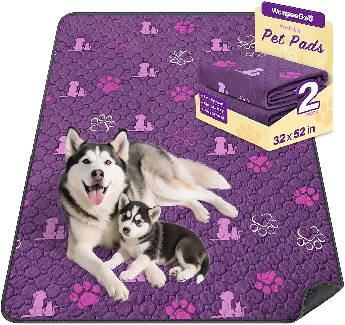 WanpeeGoo Washable Pee Pads for Dogs, Waterproof, 32 x 52 in, 2 Pack, Purp | Super Absorbent, Waterproof and Non-Slip; Washable, Reusable Dog Pads for Crates, Playpens, Floors, Furniture and Travel