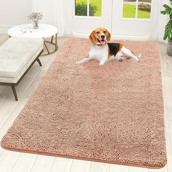 OLANLY Dog Door Mat for Muddy Paws 59x35, Super Absorbent Chenille Mud Mat | Peach, Absorbs Moisture and Dirt, Non-Slip Machine Washable Doormat, Quick-Drying Indoor Entryway Floor Carpet for Dogs