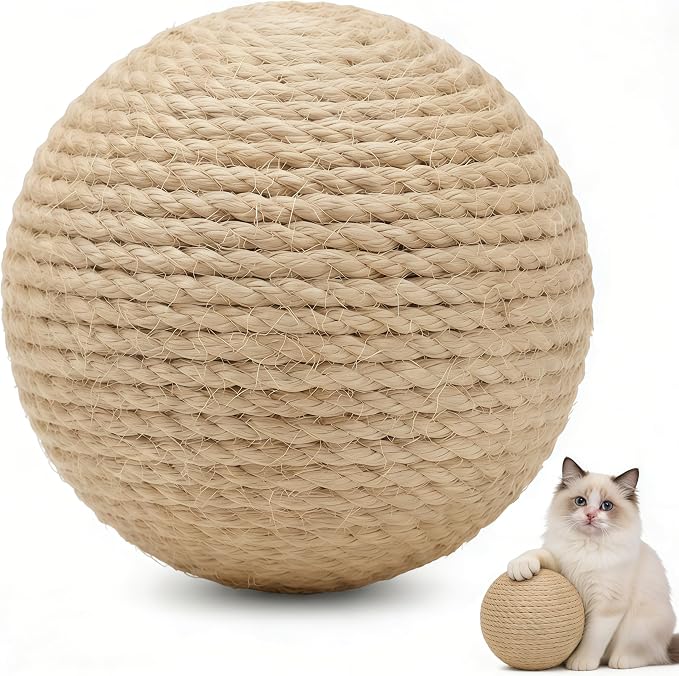 4-Inch Sisal Cat Toy Balls with Crinkle Sound | Indoor Cat Toys for Teething, Claw Sharpening & Play | Large Size Prevents Rolling Under Furniture (Natural)