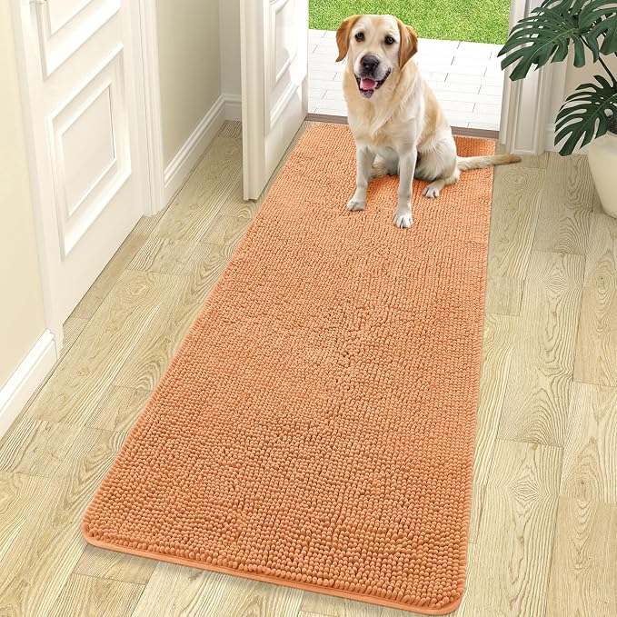 OLANLY Dog Door Mat for Muddy Paws 70x24, Super Absorbent Chenille Mud Mat | Orange, Absorbs Moisture and Dirt, Non-Slip Machine Washable Doormat, Quick-Drying Indoor Entryway Floor Carpet for Dogs