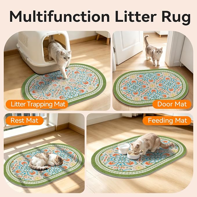 Cat Litter Mat,40"x30" High Density PVC Litter Trapping Mat, Non-Slip, Waterproof & Urine-Proof Litters Catcher Mats, Keep Floor Clean, Soft on Kitten Paws, Cat Essentials Bean Green