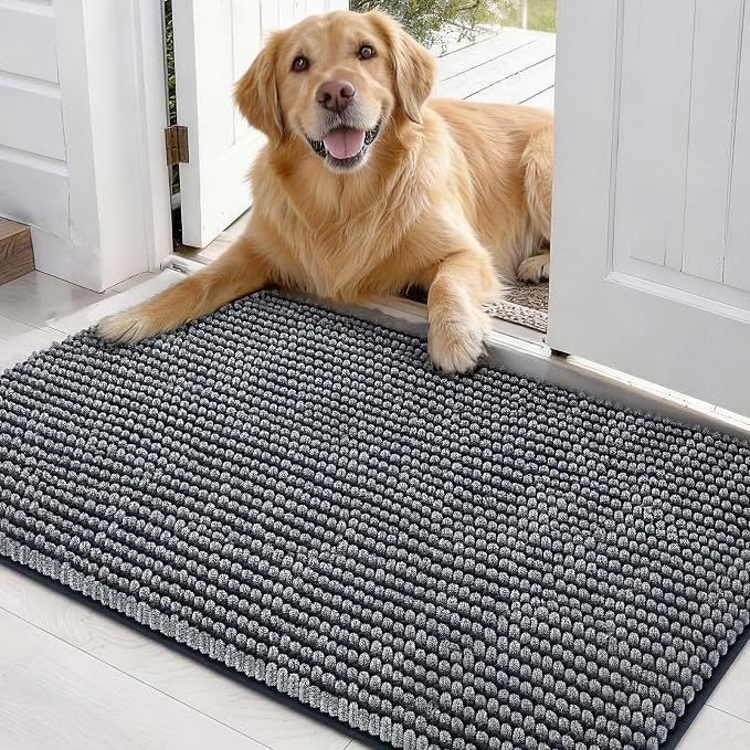 EHEYCIGA Super Absorbent Dog Door Mat for Muddy Paws 30x20 Inch Indoor, Front Doormat Outside Entrance, Quick Dry Chenille Washable Dog Crate Bed, Non-Slip Pet Rug Mud Mat Outdoor Entryway, Grey