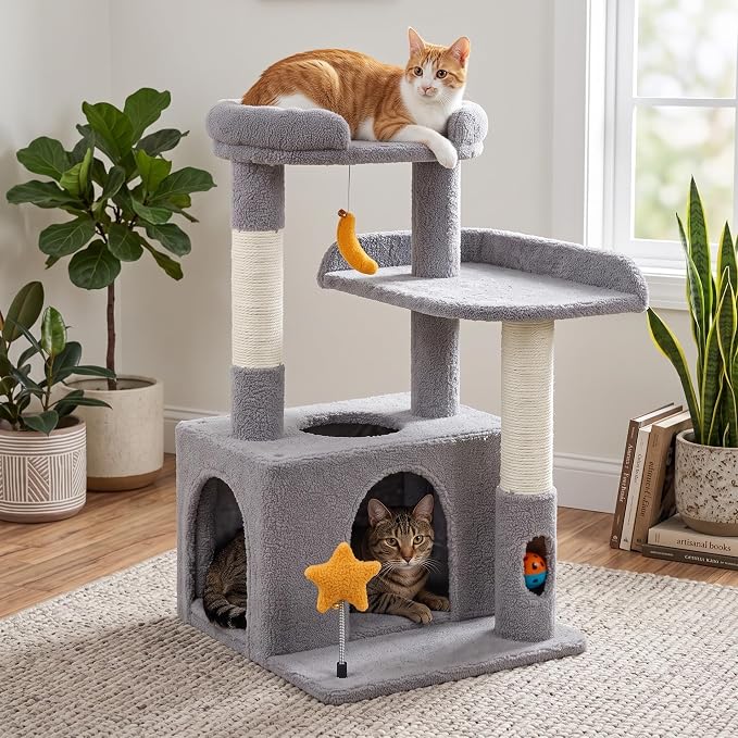 30" Cat Tower for Kittens, Compact Light Gray Cat Tree Indoor | Plush Finish, Cozy Condo, Soft Top Perch, Sisal Scratching Post, Dangling Ball Toy, Anti-Tip Base, for Cats up to 15 lbs