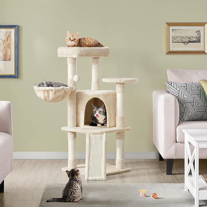 Topeakmart 42in Cat Tree Tower for Indoor Cats, Cat Condo with Perch & Hammock, Activity Center, Multi-Level Cat Furniture with Scratching Posts, Cat House, Beige