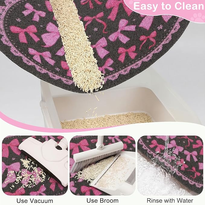 Bienbee Cat Litter Mat, 24" x 15" Litter Box Mat Rug with Non-Slip Bottom,Urine and Water Proof, Easy to Clean Cat Supplies Essentials for Indoor Kitty Kitten Floor, Pink Bow M