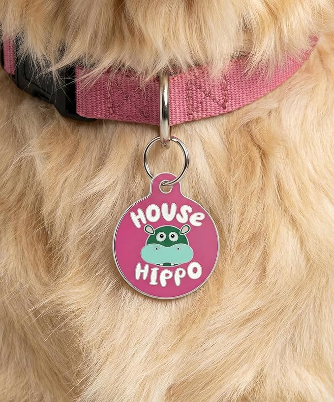 Bad Tags Personalized Dog and Cat ID Tags in 25+ Designs and 2 Sizes - 5 Lines of Custom Engraved Text - Funny Cute Personalized Pet Tags (House Hippo - Pink, Large (1.25 inch))