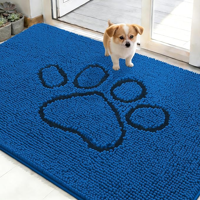 OLANLY Dog Door Mat for Muddy Paws 35x16, Paw Print Design Chenille Mud Mat | Deep Navy Blue, Absorbent, Traps Moisture and Dirt, Non-Slip Washable Doormat, Quick-Dry Indoor Entryway Carpet for Dogs