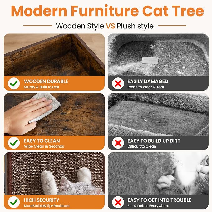 Modern Wood Cat Tree Tower for Indoor Large Adult Cats with Big Perch Bed | 33.8in Tall Wooden Cat Trees with Platform, Cat Scratching Pads, Washable Cushions, Cat Furniture for Window, Rustic Brown