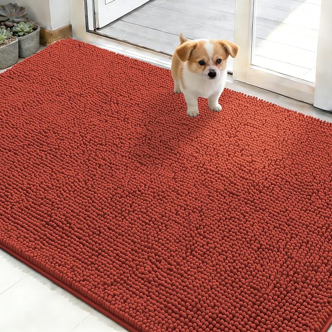 OLANLY Dog Door Mat for Muddy Paws 48x30, Super Absorbent Chenille Mud Mat | Maple Red, Absorbs Moisture and Dirt, Non-Slip Machine Washable Doormat, Quick-Drying Indoor Entryway Floor Carpet for Dogs