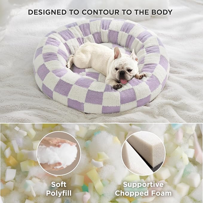LE SURE Shown on TV Donut Medium Dog Bed - Round Cat Beds for Indoor Cats Calming Bed Present for Pets, Cute Modern Home Decor Beds with Jacquard Shaggy Plush & Anti Slip Bottom, 30 Inch, Purple