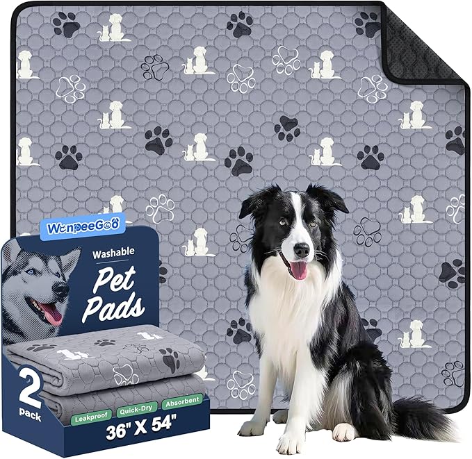 WanpeeGoo Washable Pee Pads for Dogs, Waterproof, 36 x 54 in, 2 Pack, Gray | Super Absorbent, Waterproof and Non-Slip; Washable, Reusable Dog Pads for Crates, Playpens, Floors, Furniture and Travel
