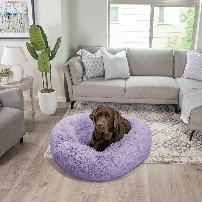 Best Friends by Sheri The Original Calming Donut Dog Bed for Large Dogs up to 100 lbs, Shag Faux Fur, Lavender, 36" x 36"