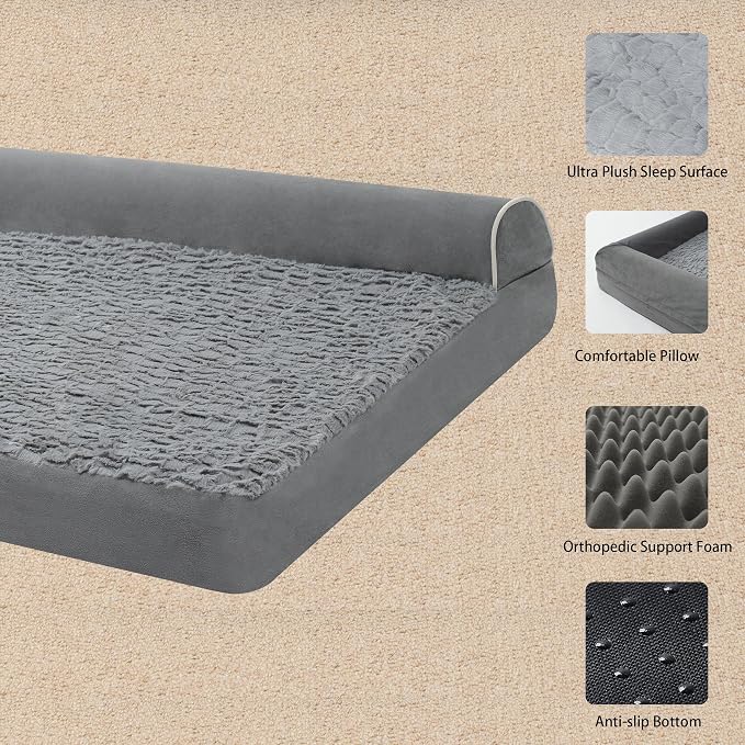 Orthopedic Plush L Shape Dog Bed,Large XL Sized Dog 42''X30''x7.5'' Soft Waterproof Egg Foam Pet Crate Beds Mat or Kennel Pads with Removable Washable Cover,Non-Slip Bottom,Grey