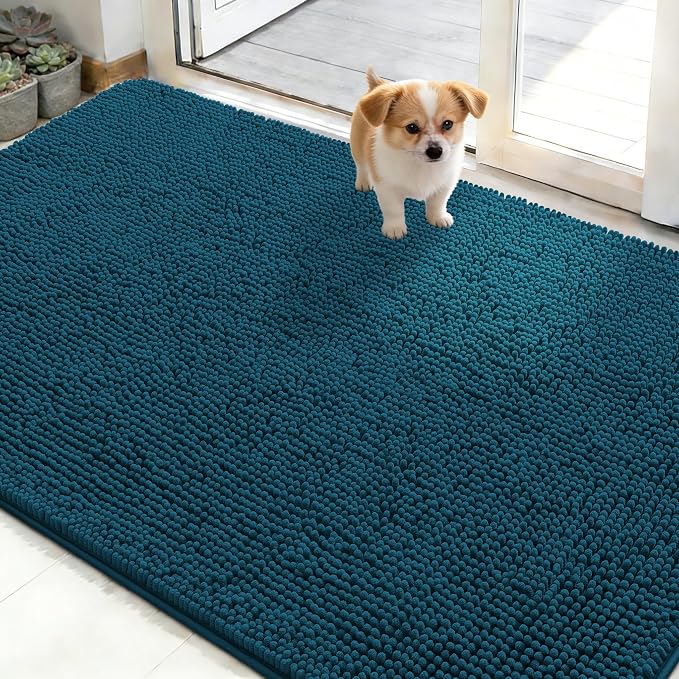 OLANLY Dog Door Mat for Muddy Paws 50x30, Super Absorbent Chenille Mud Mat | Atlantic Blue, Absorbs Moisture and Dirt, Non-Slip Machine Washable Doormat, Quick-Dry Indoor Entryway Floor Carpet for Dogs