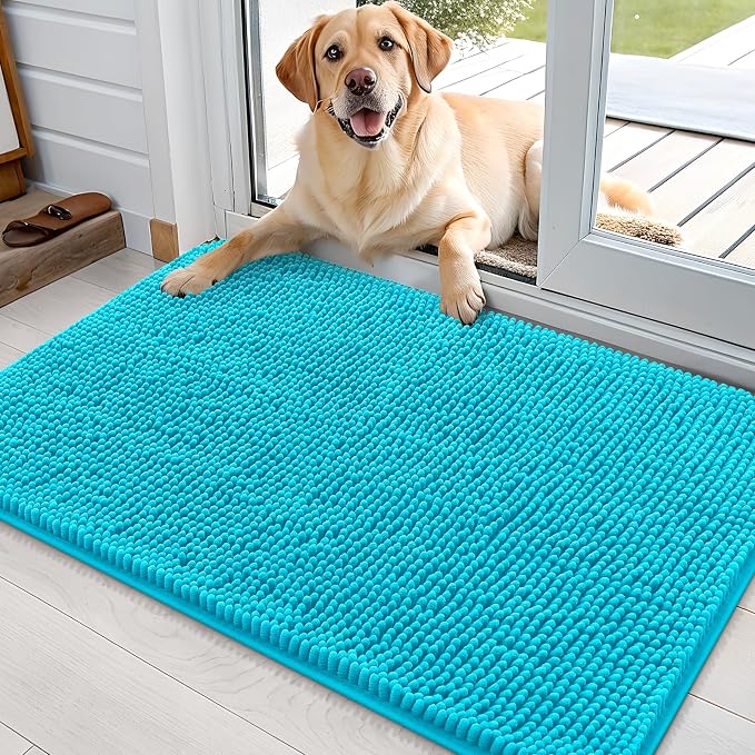 OLANLY Dog Door Mat for Muddy Paws 35x24, Super Absorbent Chenille Mud Mat | Aqua Blue, Absorbs Moisture and Dirt, Non-Slip Machine Washable Doormat, Quick-Drying Indoor Entryway Floor Carpet for Dogs
