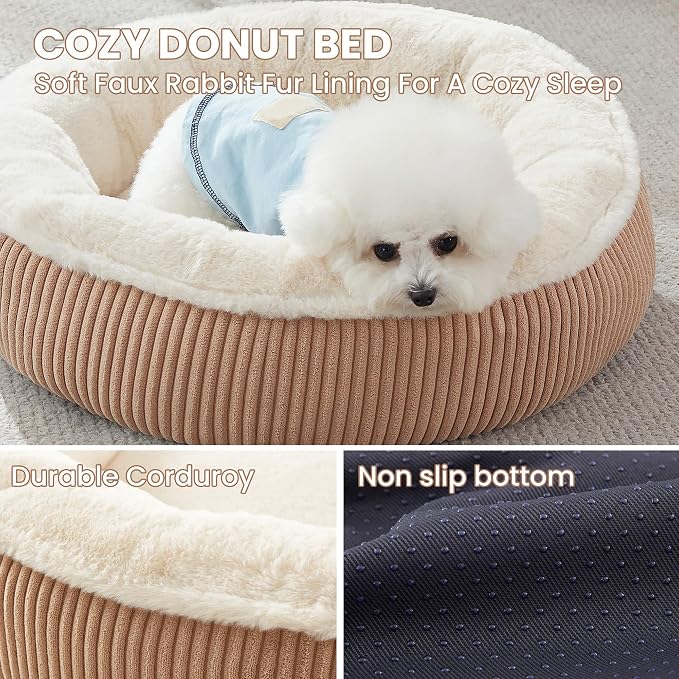 23 inches Donut Dog Bed for Small Dogs - Calming Round Puppy Bed with Removable &Washable Cover, Plush Faux Fur & Corduroy Pet Bed for Cats, Fits Pets up to 15 lbs(Brown,Small)