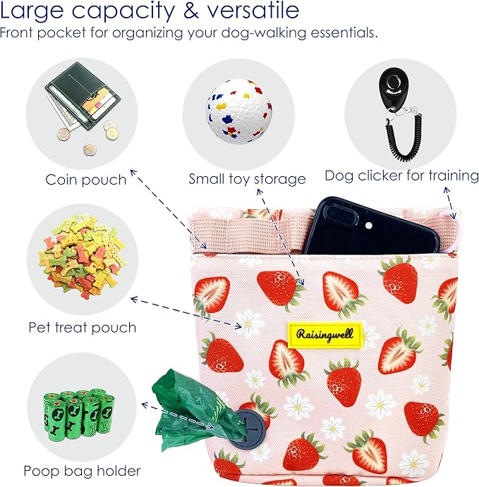 Raisingwell Dog Treat Pouch for Pet Walking and Training with Clicker 2 Cup Silicone Bag Small Fanny Pack Holder for Puppy Snack Dispenser Kit for Leash and Outdoor Use (Strawberry)