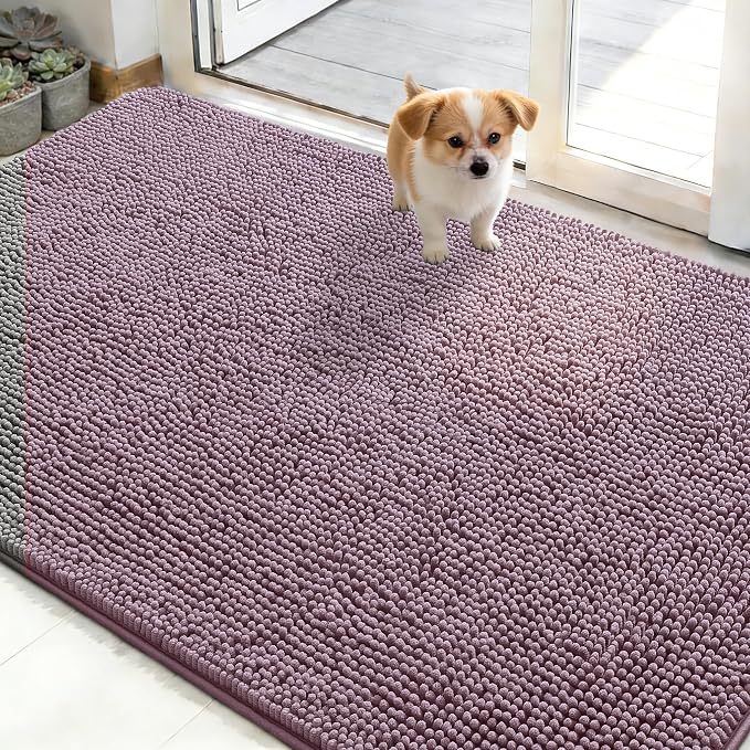 OLANLY Dog Door Mat for Muddy Paws 48x30, Super Absorbent Chenille Mud Mat | Deep Plum, Absorbs Moisture and Dirt, Non-Slip Machine Washable Doormat, Quick-Drying Indoor Entryway Floor Carpet for Dogs