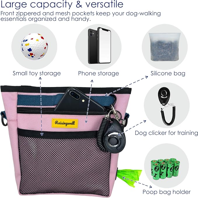 Raisingwell Dog Treat Pouch with Magnetic Closure 4-Cup Silicone Bag Fanny Pack Holder with Clicker 4 Ways to Wear Front Pocket Fits All Phones Ideal for Leash, Pet Walking and Training（Pink）