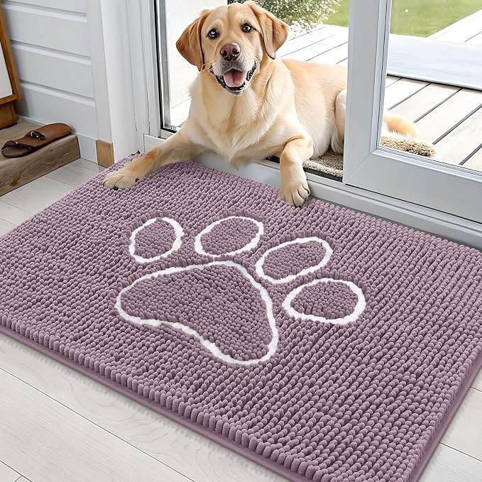 OLANLY Dog Door Mat for Muddy Paws 36x24, Paw Print Design Chenille Mud Mat | Deep Plum, Absorbent, Traps Moisture and Dirt, Non-Slip Washable Doormat, Quick-Drying Indoor Entryway Floor Carpet for Dogs