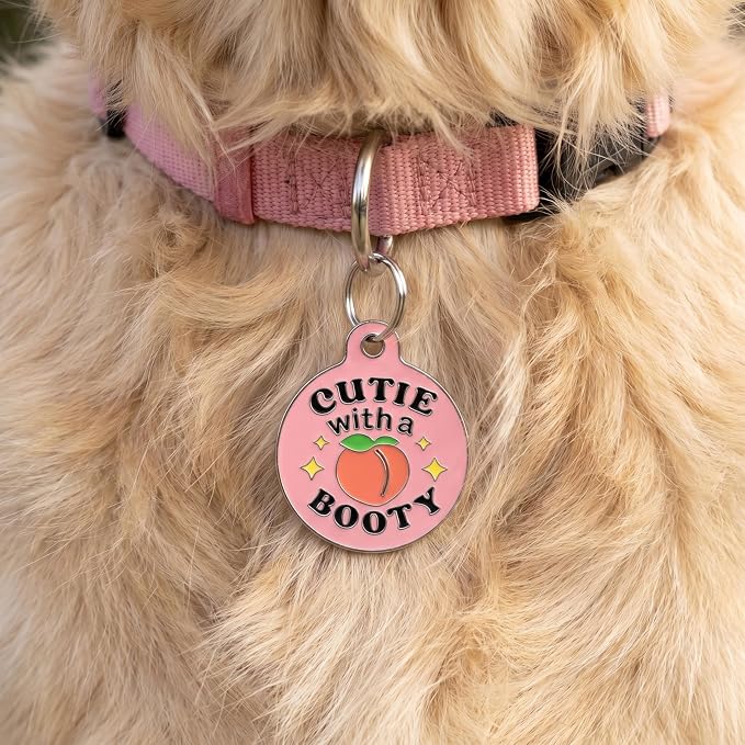 Bad Tags Personalized Dog and Cat ID Tags in 25+ Designs and 2 Sizes - 5 Lines of Custom Engraved Text - Funny Cute Personalized Pet Tags (Cutie with A Booty - Pink, Large (1.25 inch))